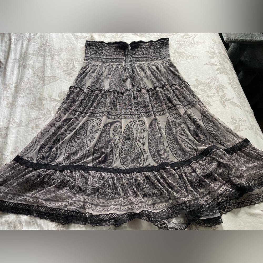 Lapis Black Gray Lace Tiered Pull On Midi Skirt XL Smocked Witchy‎ Fairy Grunge